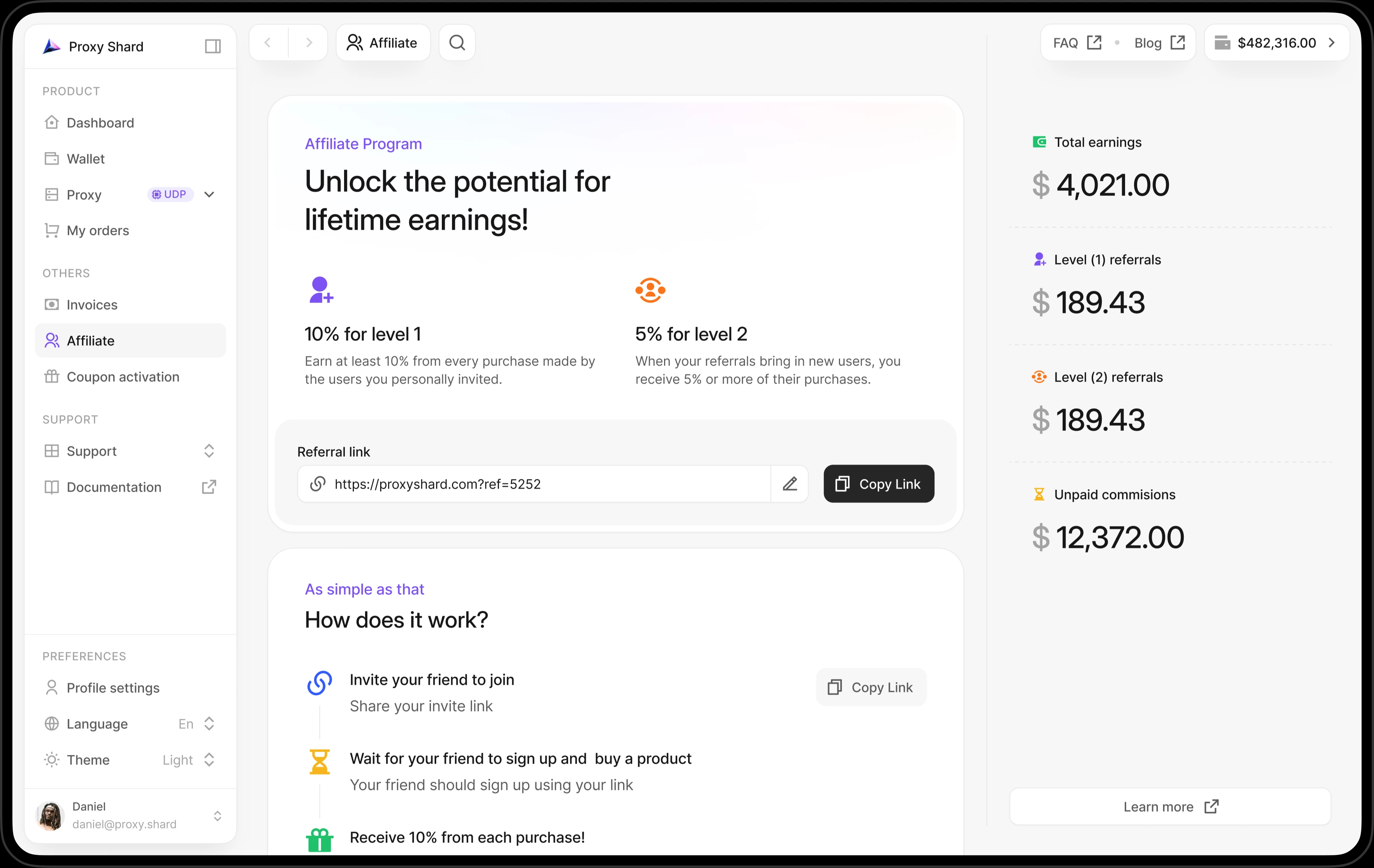 Affiliate program screen