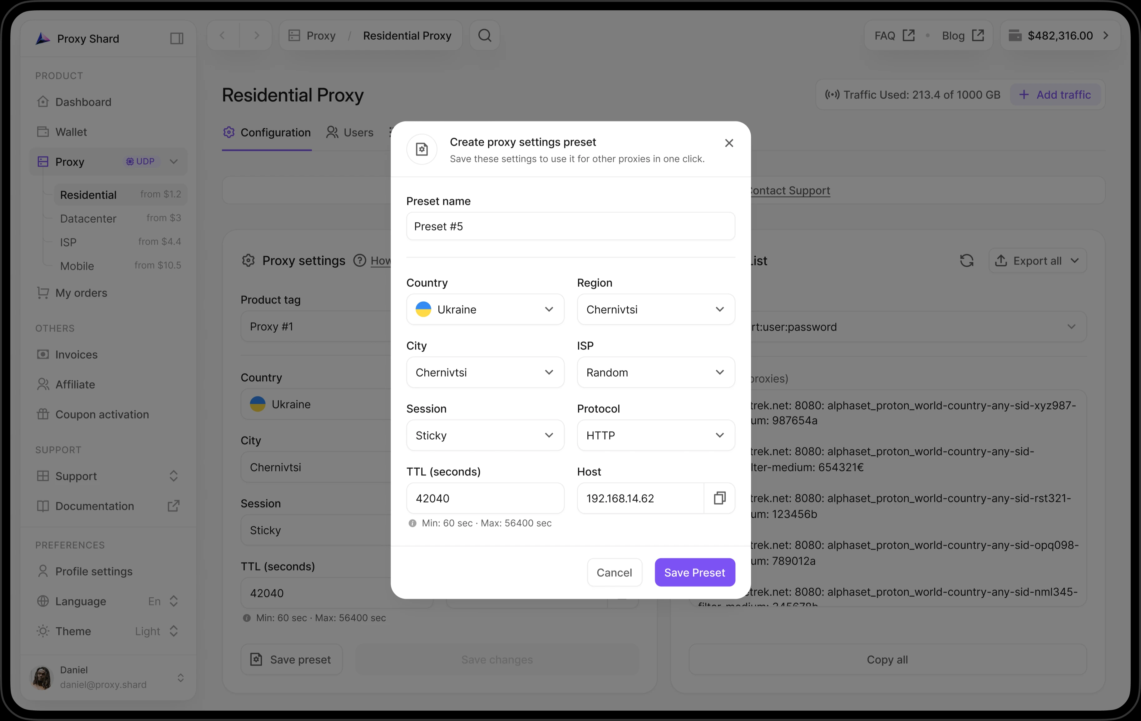 Residential proxy settings preset